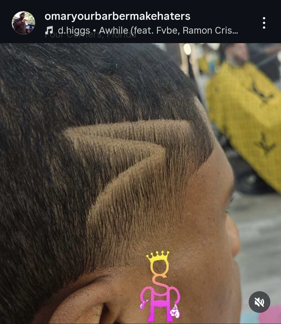 Custom hair design with sharp zig-zag part
